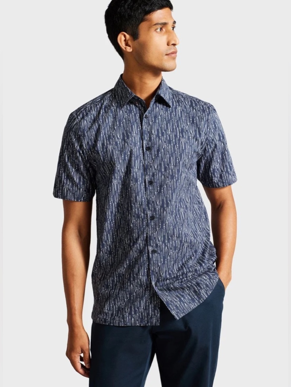 150 TED BAKER Men's Regular Fit Rieti Novelty Pen Print Shirt Navy, Sz 6